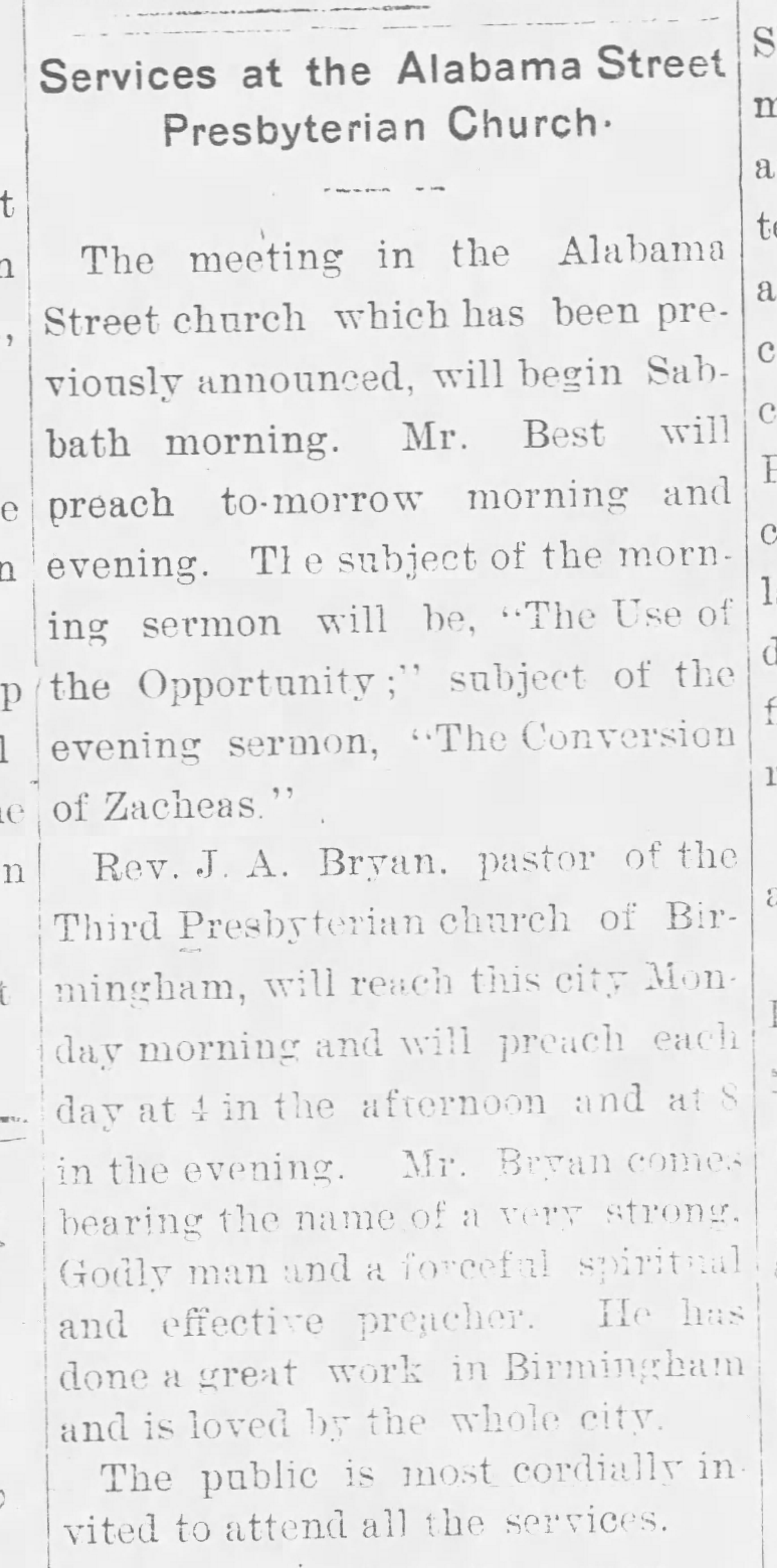 Services at the Alabama Street Presbyterian Church